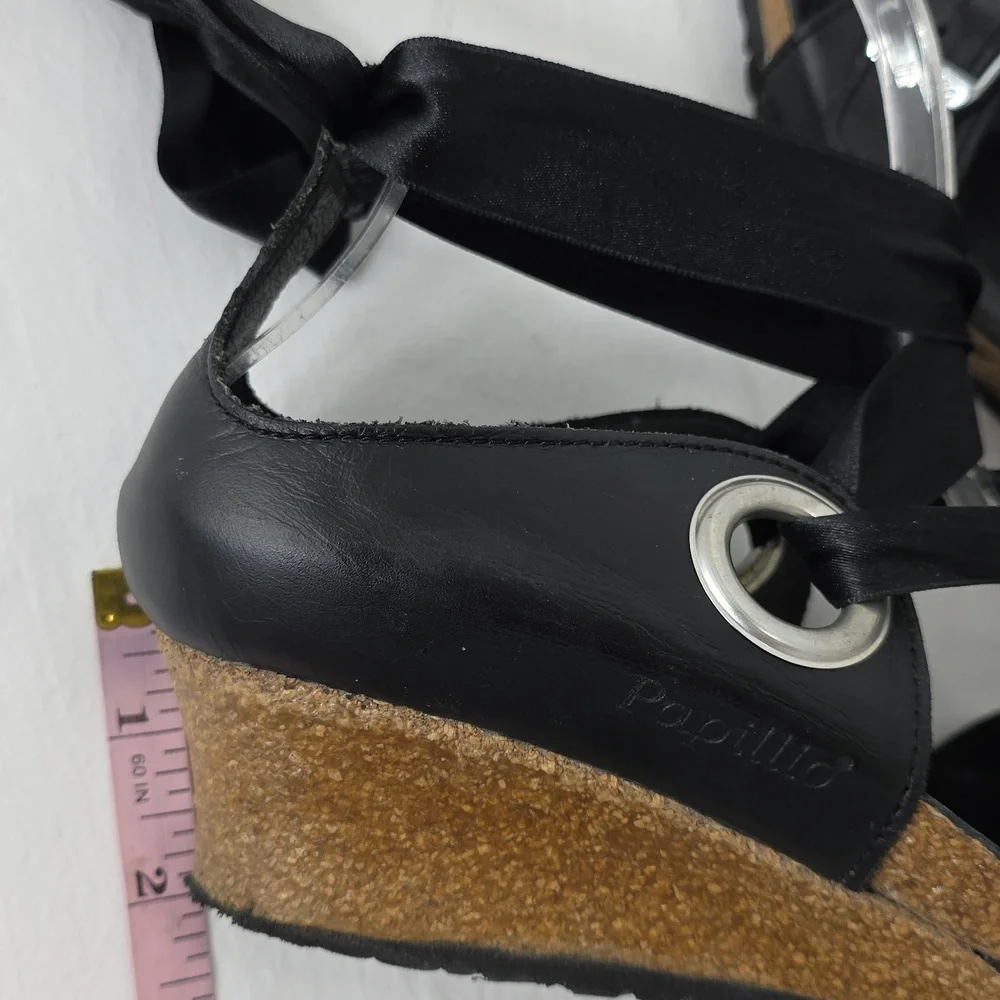 Papillio Birkenstock Black Emmy Leather Ankle Tie Strap Wedge Sandals Size 37‎